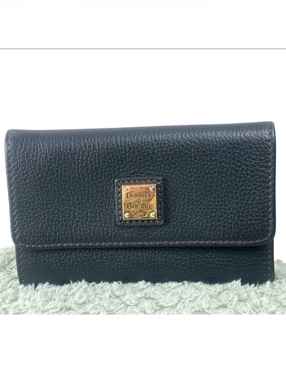 Dooney & Bourke Black Pebbled Leather Compact Wallet with Gold Plaque